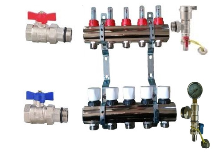 Brass Manifold set 1"FxF with flowmeter 3/4EK for 2 loops